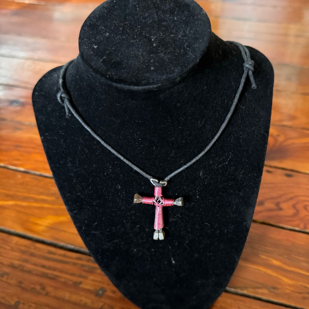 Pink Horseshoe Nail Disciple’s Cross Adjustable Leather Cord Necklace - Picture 2 of 7